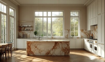 Modern kitchen with marble accents and large windows, showcasing natural light and elegant design.