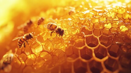 Honeycomb with Bees in the Golden Light