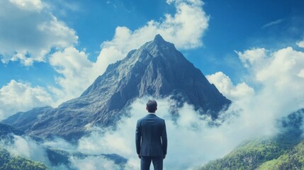Fototapeta premium Standing at the foot of a towering mountain, he symbolizes overcoming obstacles.