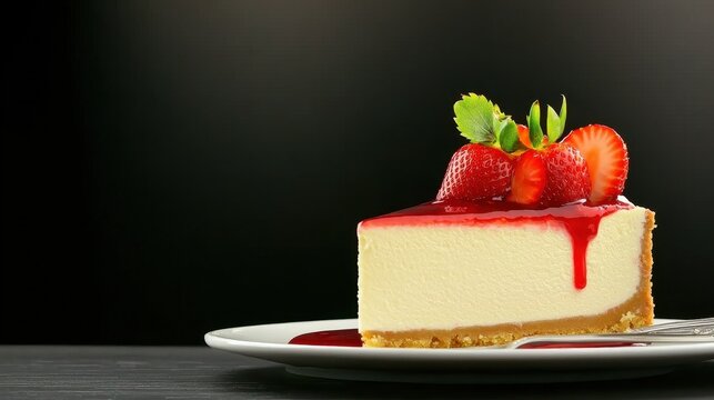 Indulge in decadent cheesecake gourmet dessert shop food photography elegant dining room close-up fresh strawberry topping