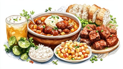 Delicious feijoada stew with accompaniments isolated on white background food high quality presentation