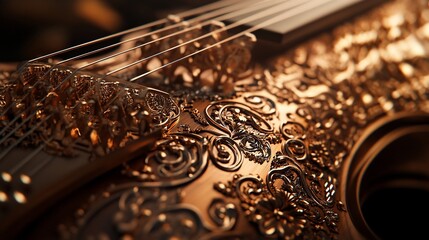 Close-up of ornate, metallic, golden violin detail.