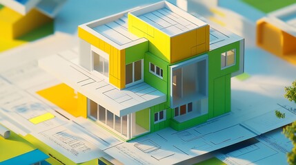 Modern house architectural model on blueprints. (1)