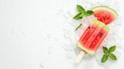 Refreshing watermelon popsicle on crushed ice summer delight food photography bright kitchen top view tropical treat