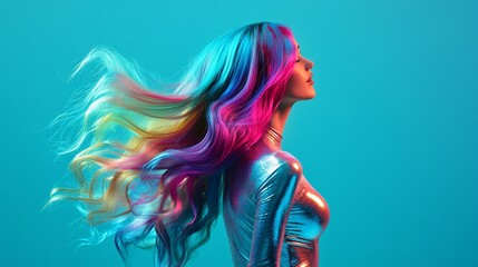 Woman with vibrant, flowing rainbow hair in profile against a teal background.
