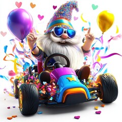 A whimsical gnome in sunglasses drives a colorful go-kart, surrounded by balloons and confetti, celebrating with joyful vibes.