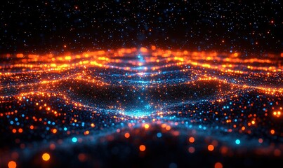 A vibrant digital landscape of glowing particles in blue and orange, suggesting energy and movement.