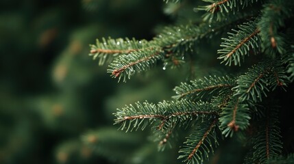 Close-up of Evergreen Tree Branches with Dew