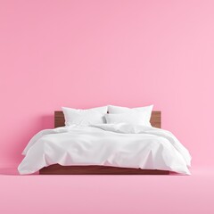 Modern Minimalist Bed with White Bedding Against Pink Background