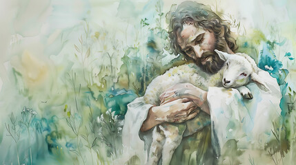 Jesus Christ holding a lamb in his arms, a peaceful pastoral scene painted with light greens and blues in watercolor