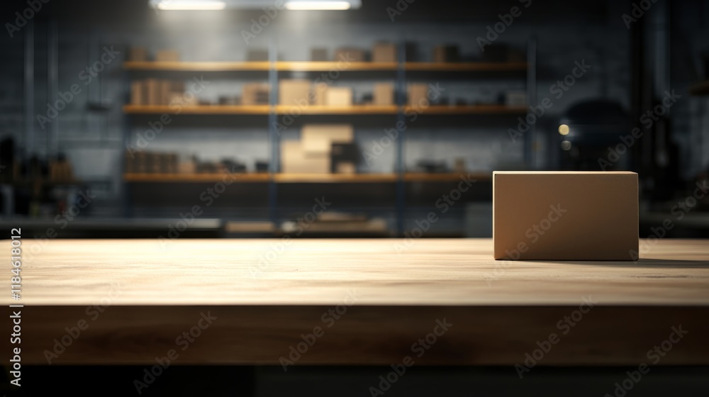 Aufkleber a labeled cardboard box sits on a clean warehouse table, ready for dispatch, with blurred industrial