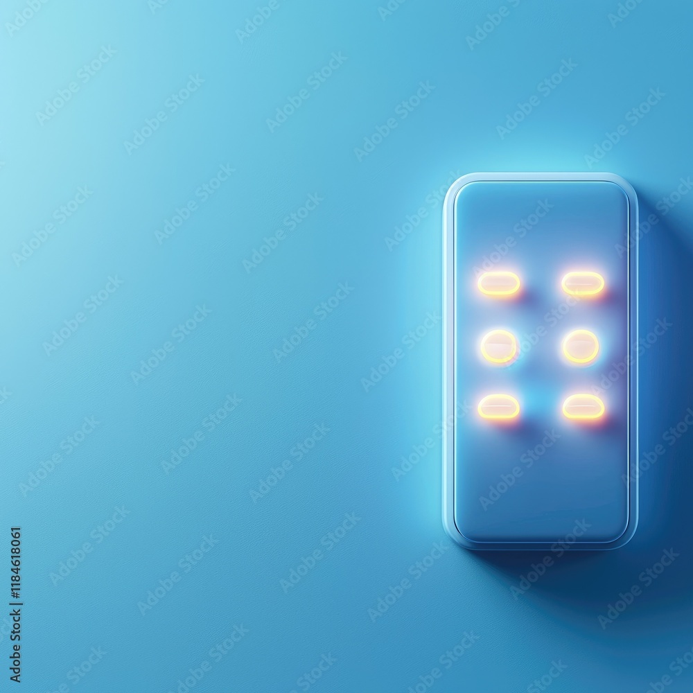 Poster glowing neon buttons on a blue background in minimalistic style