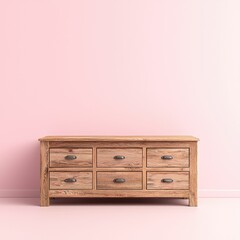 Wooden dresser with six drawers against a pastel pink wall