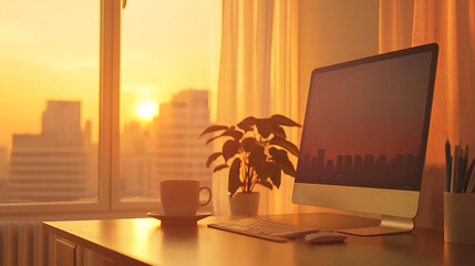 A computer monitor is on a desk with a cup of coffee next to it