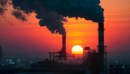 Obraz premium Smog and pollution from factory chimneys at sunset: industrial landscape and environmental impact