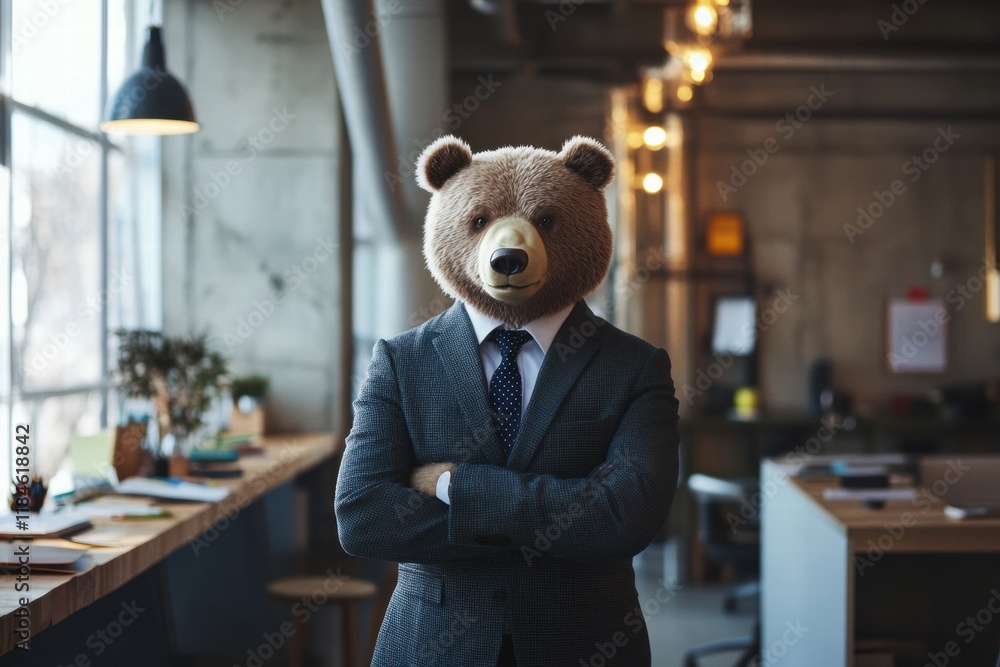 Poster business bear in formal suit and tie stands confidently in modern office setting with natural lighti