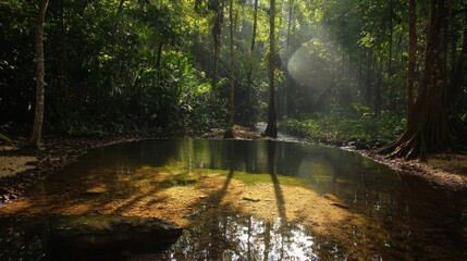 Obraz premium Um sol brilhante e reluzente aparece completamente no horizonte, iluminando uma bela clareira no meio de uma floresta densa