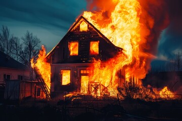 Burning house with intense flames and smoke during a fire disaster. The building on fire.