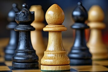 Chess pieces on a board; light and dark.