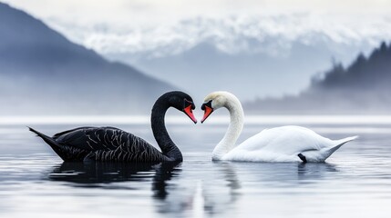 Fototapeta premium Elegant White and Black Swans Reflecting on a Tranquil Lake. Valentine swans on a serene lake create a stunning contrast with their black and white plumage, emphasizing beauty and tranquility. 