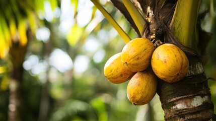 Yellow Coconuts Hanging on a Palm Tree