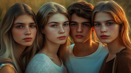 Obraz premium Portrait group of young friends, women and men, Multiracial friends group of young friends bonding outdoors