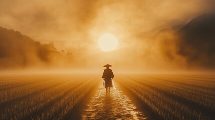 Silhouetted monk walking in misty rice paddy field at sunrise.