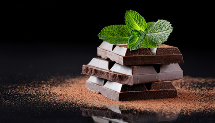 luxurious black chocolate with peppermint on deep black background