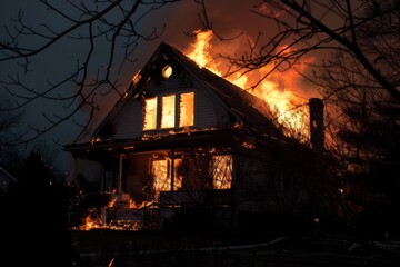 Burning house with intense flames and smoke during a fire disaster. The building on fire.