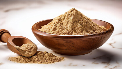 nutritional supplement maca root powder in a bowl and scoop with reproduction area