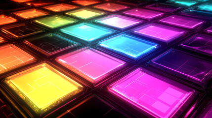 An abstract digital grid of glowing squares and rectangles in a range of neon colors, creating a vibrant, futuristic urban landscape effect 