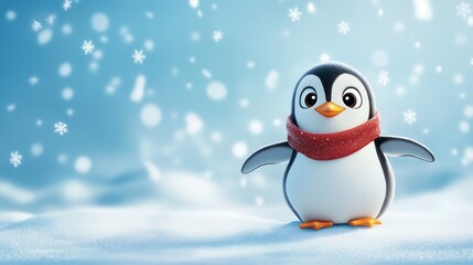 Adorable cartoon penguin wearing a red scarf in a snowy winter scene.