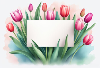 Ein weißer Textfeld umgeben von bunten Tulpen auf sanftem Aquarellhintergrund. Perfektes Mockup mit viel Textfreiraum – ideal für Grußkarten, Einladungen oder Designs. Generative KI