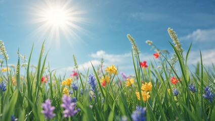 A vibrant meadow of green grass and blue sky evokes the beauty of a summer day