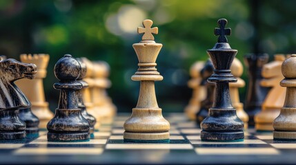 Wooden chess pieces on a board, game in progress.