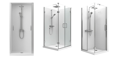 A set of modern glass shower cabin with chrome fittings and a minimalist design, equipped with a rain shower and handheld showerhead, perfect for contemporary bathrooms.