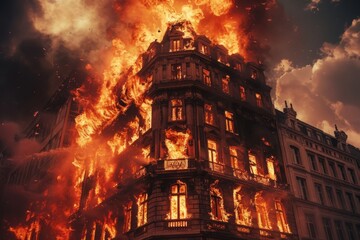 Naklejka premium High-rise residential building engulfed in flames with intense fire and smoke during nighttime. The building on fire.