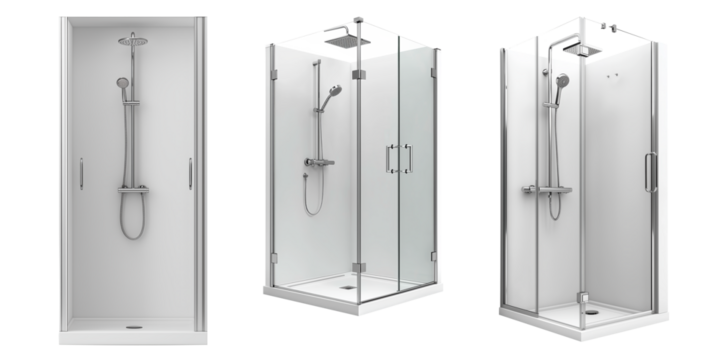 A set of modern glass shower cabin with chrome fittings and a minimalist design, equipped with a rain shower and handheld showerhead, perfect for contemporary bathrooms.