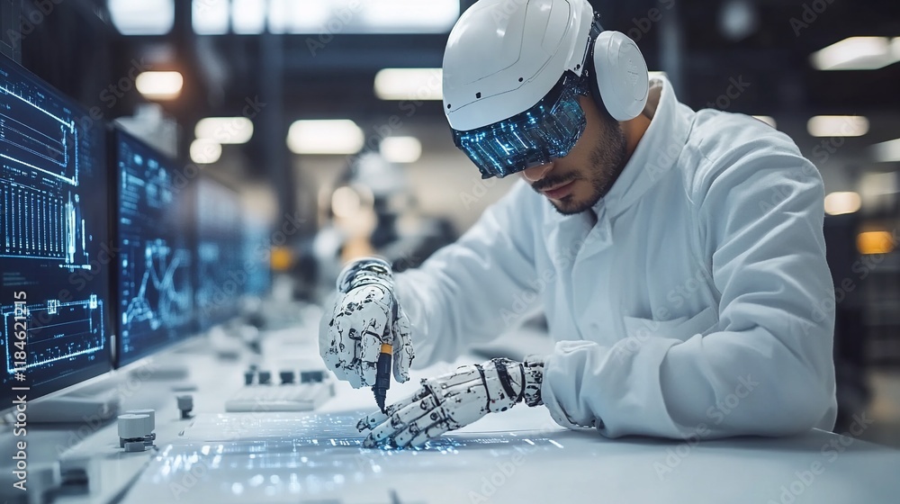 Poster focused engineer in futuristic lab using robotic arm and ar glasses for precision work on circuit bo