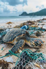 Obraz premium Heartbreaking Image of a Sea Turtle Entangled in Ocean Waste on a Littered Beach