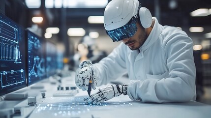 Focused engineer in futuristic lab using robotic arm and AR glasses for precision work on circuit board.