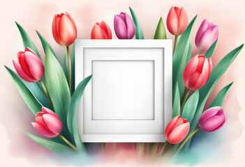 Ein weißer Textfeld umgeben von bunten Tulpen auf sanftem Aquarellhintergrund. Perfektes Mockup mit viel Textfreiraum – ideal für Grußkarten, Einladungen oder Designs. Generative KI