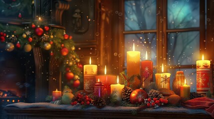 Obraz premium Christmas candles burning on a mantelpiece