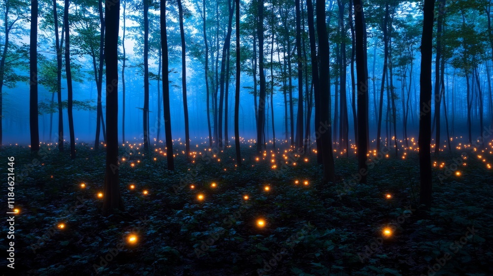 Poster dense mist envelops towering trees in a forest, while faint glowing orbs illuminate the ground, enha