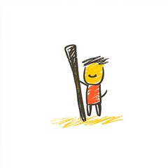 Fototapeta premium Joyful Hand-Drawn Illustration: Smiling Figure Gently Holding Tall Staff on Sandy Beach. AI Generated