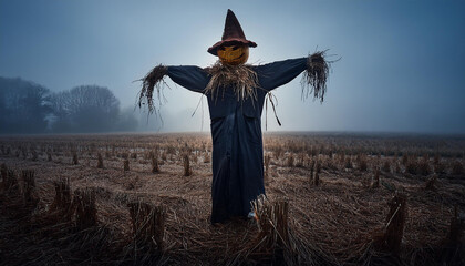 creepy scarecrow in misty field evoking horror and suspense
