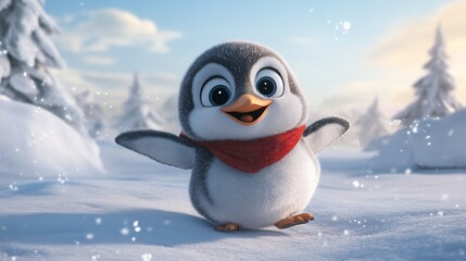 Cute cartoon penguin in snowy winter scene, wearing a red scarf, joyfully walking.