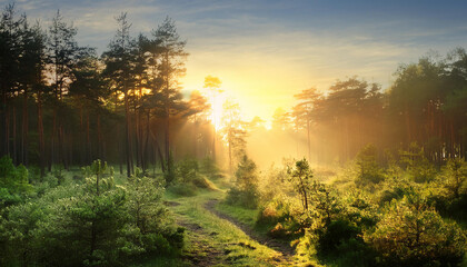 sunrise in the morning forest painting blurred