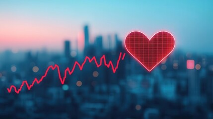 A glowing financial graph shaped like a heart rising over a cityscape, Valentines finance, market growth, romantic vision
