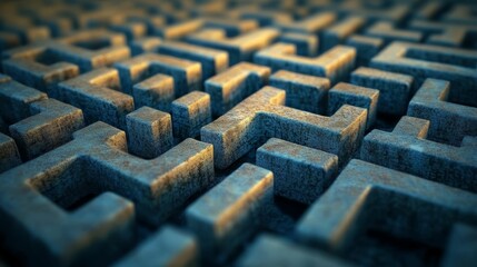 Stone maze, intricate, textured, deep blue, sunlight.